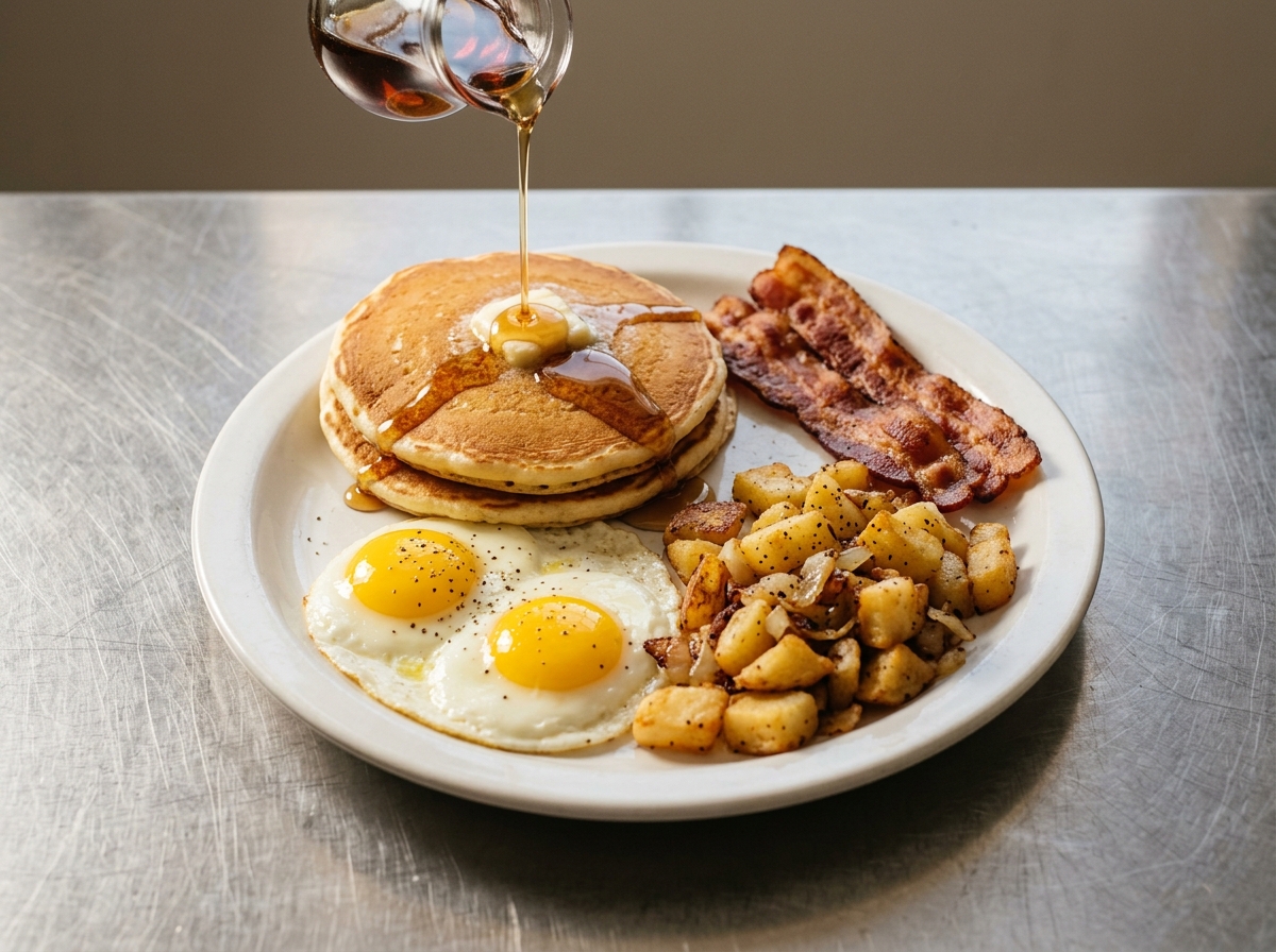 Breakfast platter with eggs, bacon, home fries and pancakes