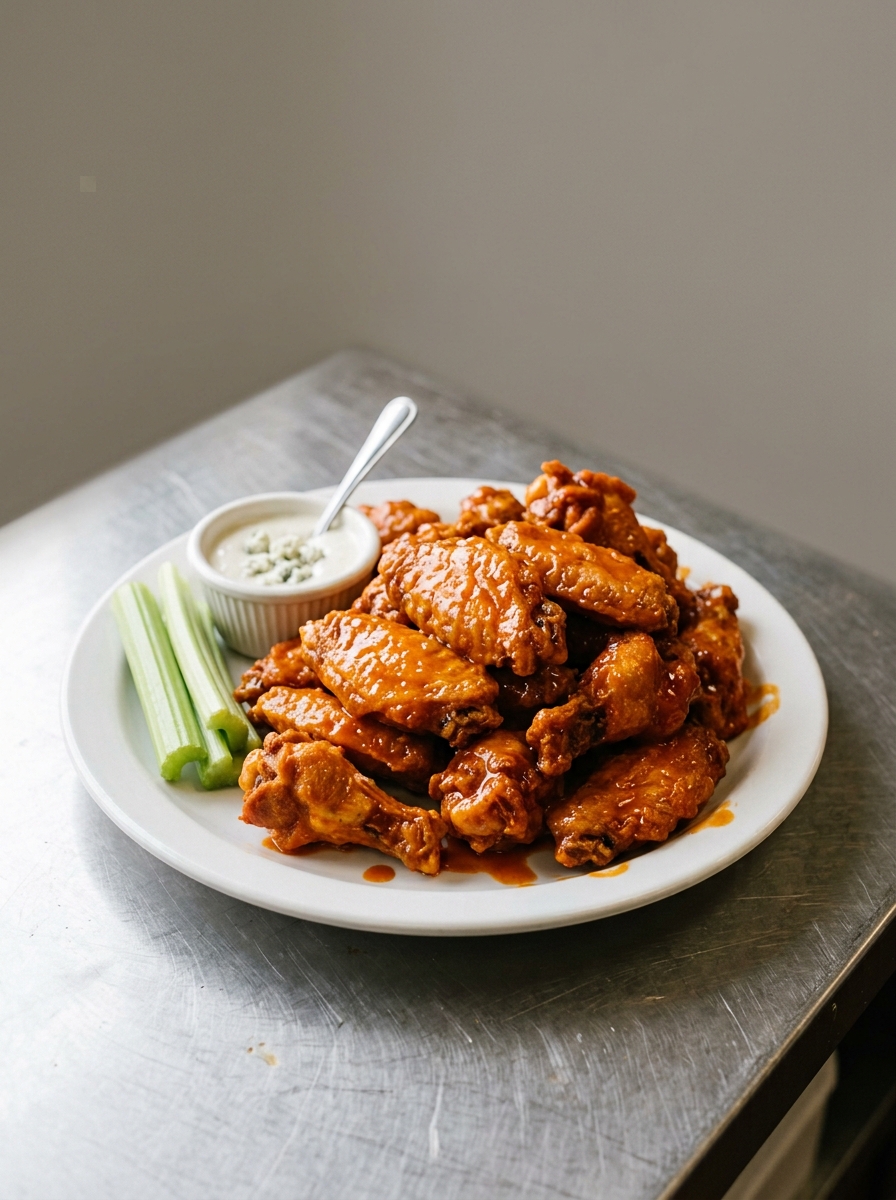 Buffalo wings with celery and blue cheese